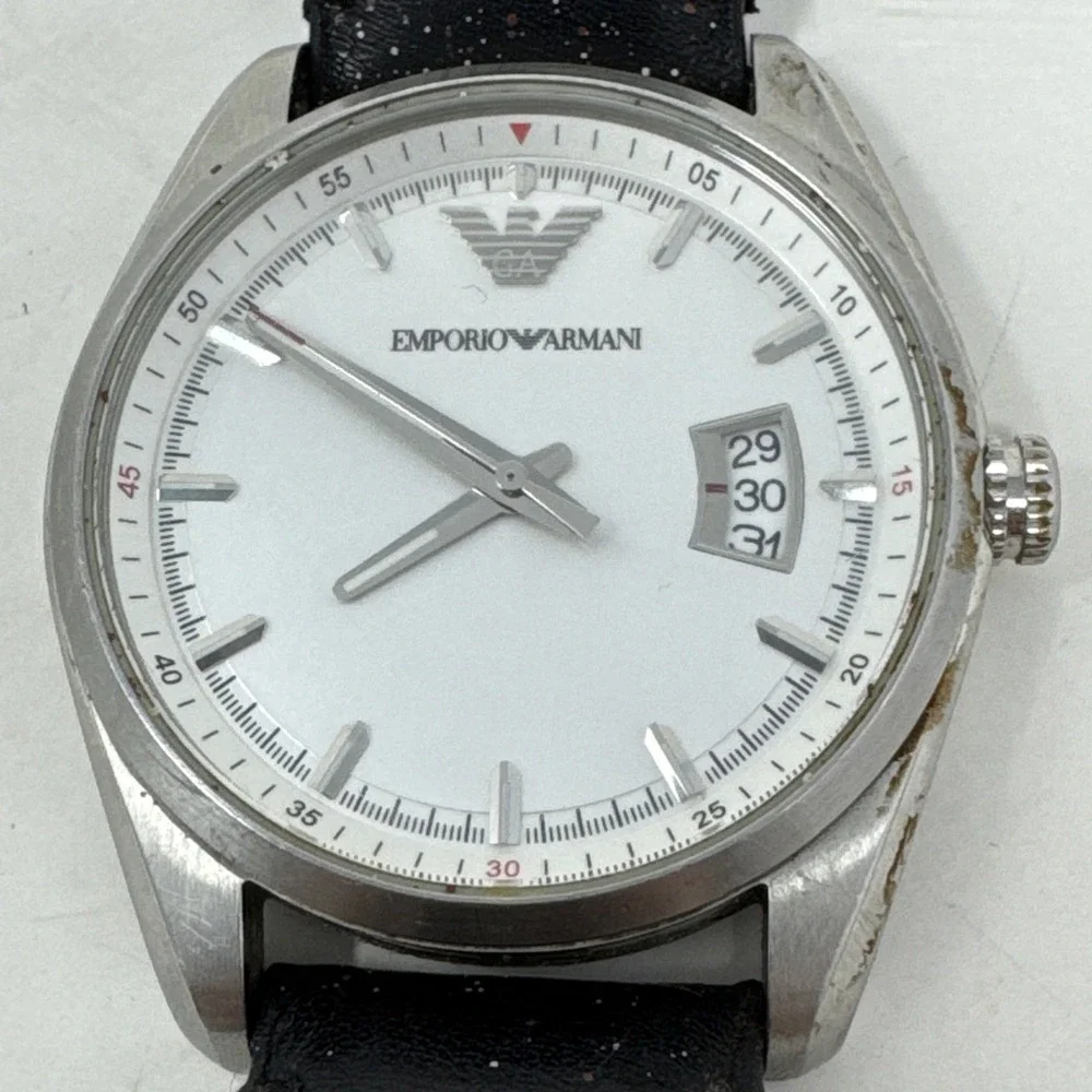 Emporio Armani Black Leather‎ Band Mens Watch AR6015 Needs Battery